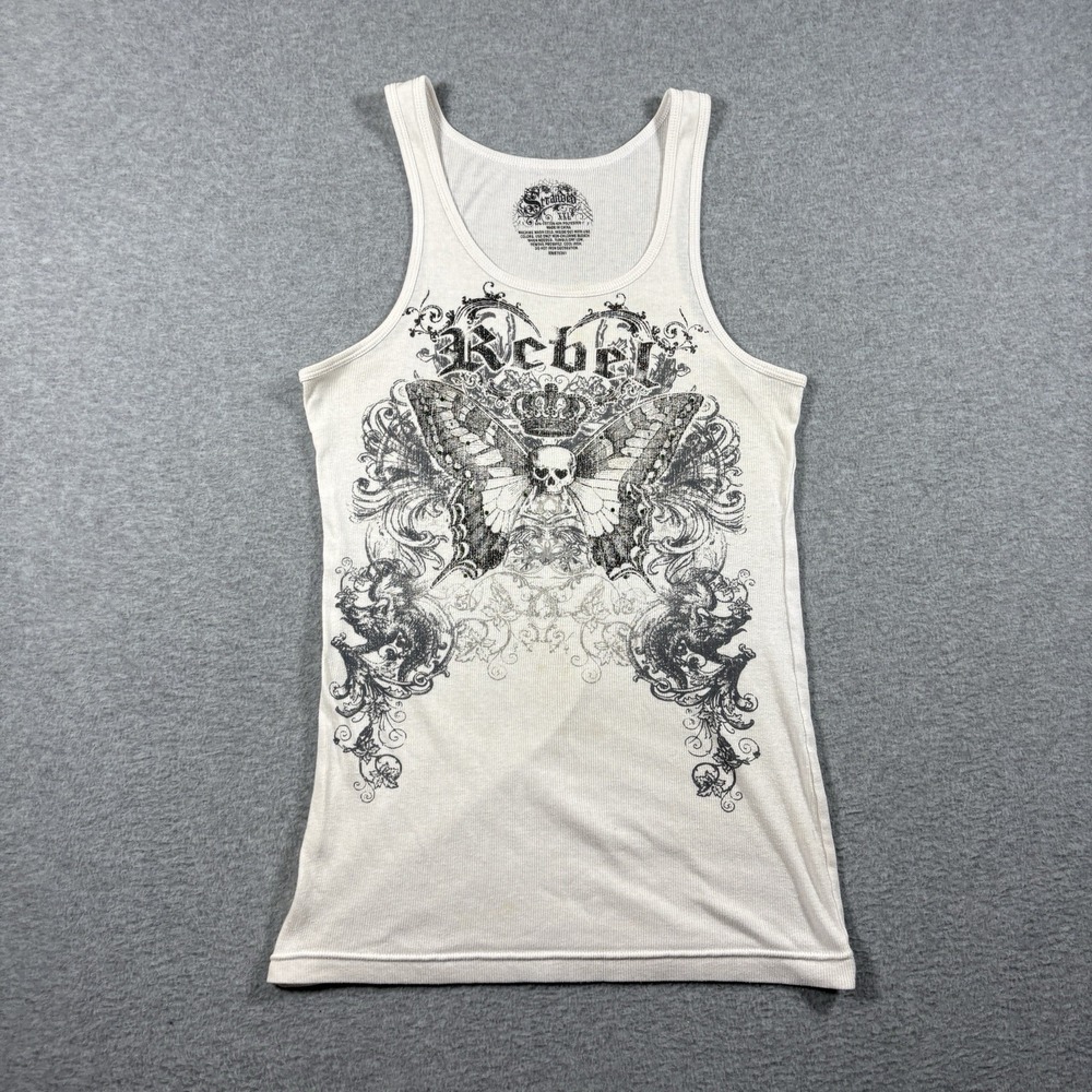 Vtg Y2K Stranded Rebel Skull Butterfly Ribbed Tank Top Womens XXL Mall Goth Emo